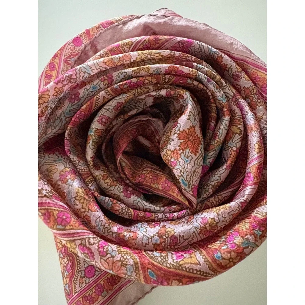 Vintage 100% Pure Silk Scarf Made in India Pink Floral Paisley Hand Rolled 32x32